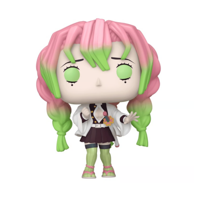 Figura Funko Pop com cabelo rosa e verde e roupa preta e branca