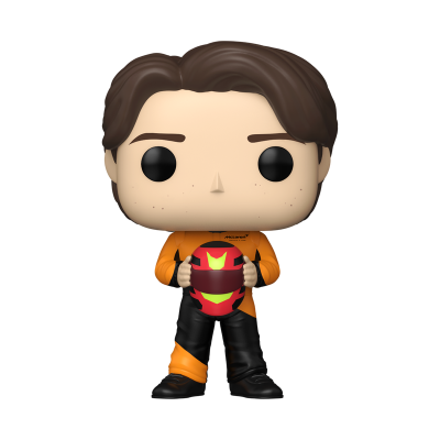 Figura Funko Pop de piloto de corrida com fato laranja e preto segurando capacete colorido