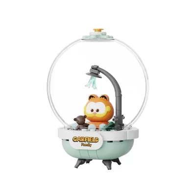 Figura Garfield em cápsula transparente com base verde e branca e chuveiro