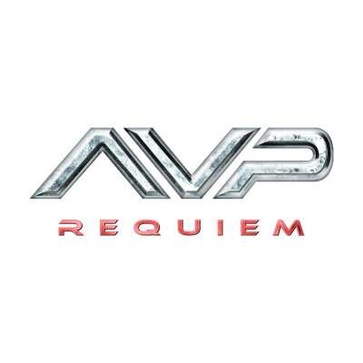 Logotipo AVP REQUIEM com texto metálico e vermelho em fundo branco