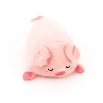 Pelúcia de porco cor-de-rosa com olhos fechados e cauda enrolada