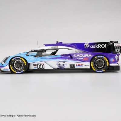 Modelo de carro de corrida Acura Type S azul, roxo e branco com o número 60