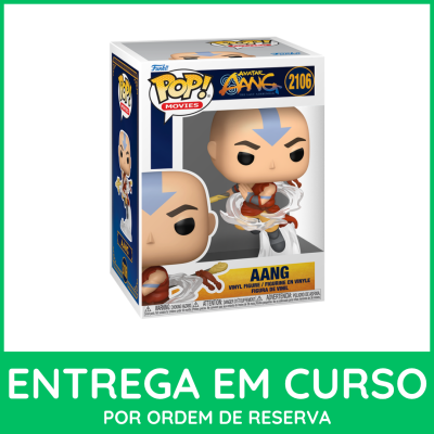 Figura Funko Pop! Aang de Avatar na sua caixa com texto Entrega em curso no fundo verde