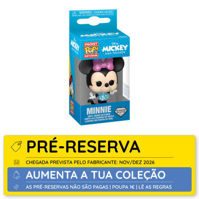 Figura chaveiro Mini Funko Pop Minnie em embalagem azul com texto de pré-reserva amarela