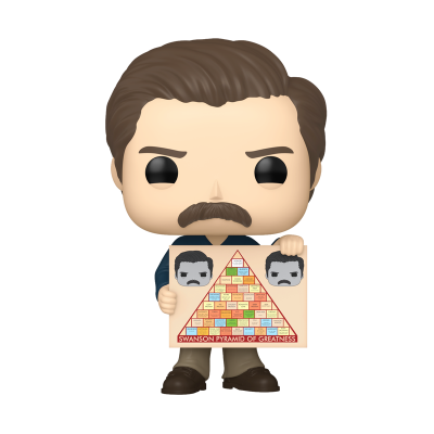 Figura Funko Pop com bigode segurando cartaz com pirâmide da grandeza
