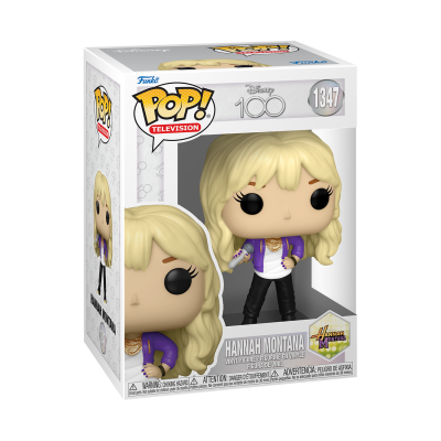 Figura Funko Pop! Hannah Montana na embalagem com fundo branco, transparente e detalhes em roxo