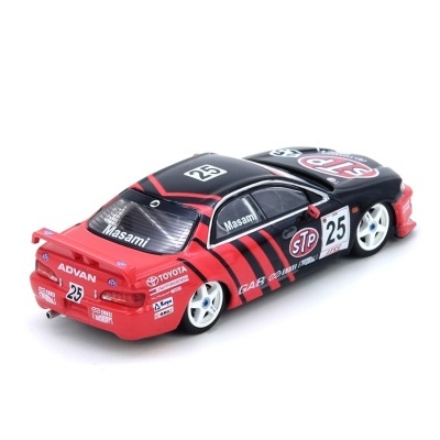 Miniatura carro de corrida Toyota preto e vermelho com adesivos e número 25