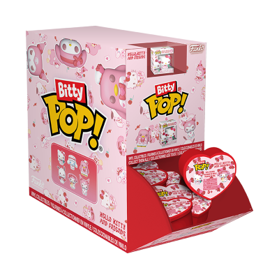 Expositor rosa com bonecos colecionáveis Bitty POP! Hello Kitty e amigos.
