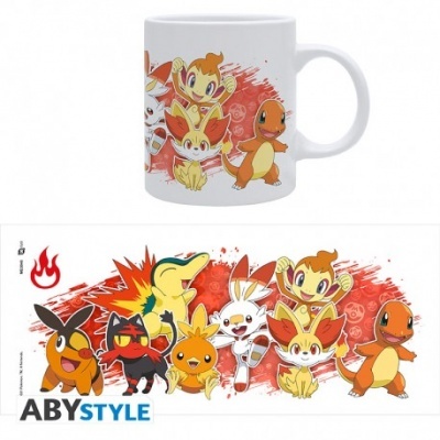 Caneca branca com personagens Pokémon coloridas num fundo vermelho