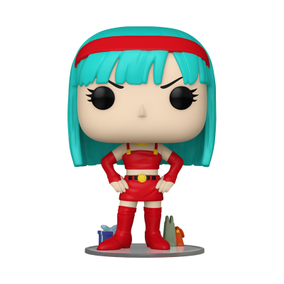 Figura Funko Pop com cabelo azul turquesa e roupa vermelha