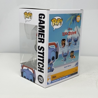 Embalagem Funko Pop! Gamer Stitch número 1229 da série Disney Lilo & Stitch