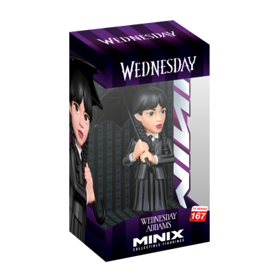 Boneca colecionável Minix da personagem Wednesday Addams em caixa preta e roxa