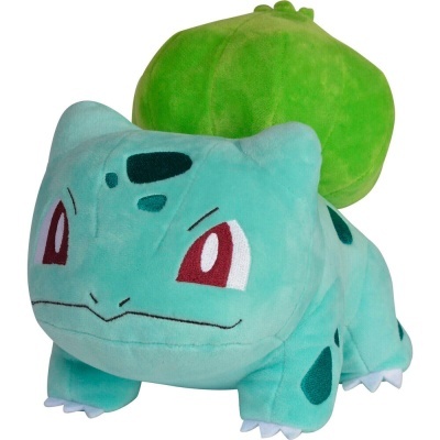 Pelúcia do personagem Bulbasaur azul esverdeado com planta verde nas costas