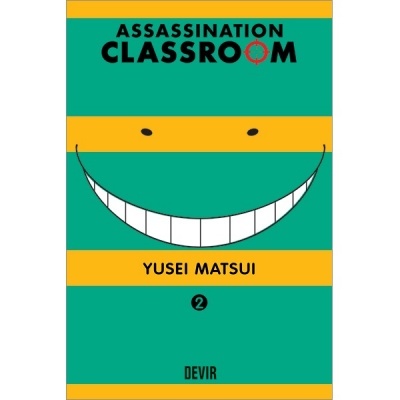 Capa do livro Assassination Classroom verde com rosto sorridente estilizado e texto em preto e amarelo