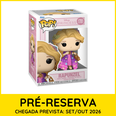 Funko Pop Rapunzel com vestido rosa e roxo, segurando lanterna dourada em embalagem visível