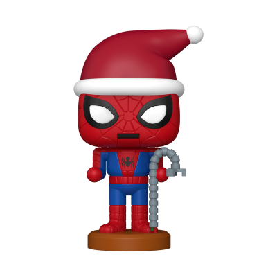 Figura estilizada do Homem-Aranha com chapéu de Pai Natal e braço mecânico