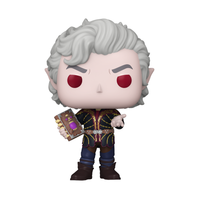 Boneco colecionável com cabelo grisalho, olhos vermelhos, roupa preta com detalhes dourados e segurando um livro com rosto desenhado