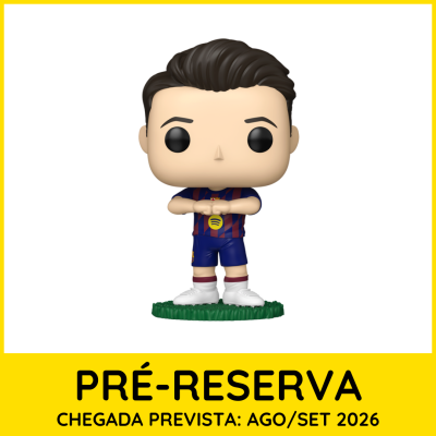 Boneco estilo Funko Pop de jogador de futebol com camisola azul e grená e texto de pré-reserva em português