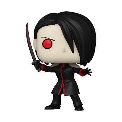 Figura Funko Pop com cabelo preto, olho vermelho, roupa preta e vermelha, segurando katana.