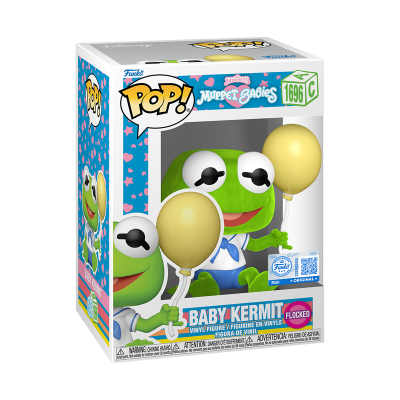 Figura Pop! Baby Kermit Flocked em caixa com balões amarelos