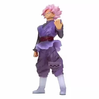 Figura de personagem com cabelo rosa, roupa roxa, botas brancas, marca BANPRESTO.