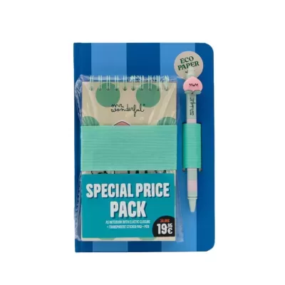 Pack de papelaria com caderno A5, bloco de autocolantes e caneta em embalagem azul.