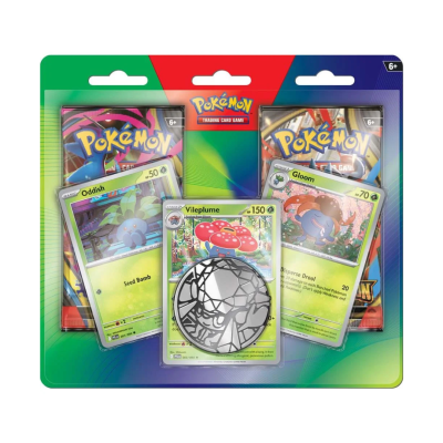 Pack cartas Pokémon TCG Oddish, Vileplume, Gloom e moeda metálica prateada em embalagem colorida.