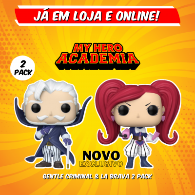 Pack de duas figuras de vinil Gentle Criminal e La Brava My Hero Academia com fundo laranja e texto promocional