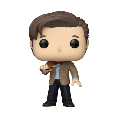 Figura Funko Pop em vinil com roupa formal e dispositivo na mão