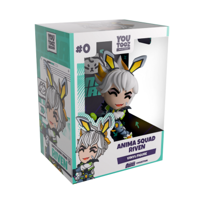 Figura de vinil Anima Squad Riven na caixa com janela transparente mostrando boneco com cabelo cinza e orelhas de coelho amarelas