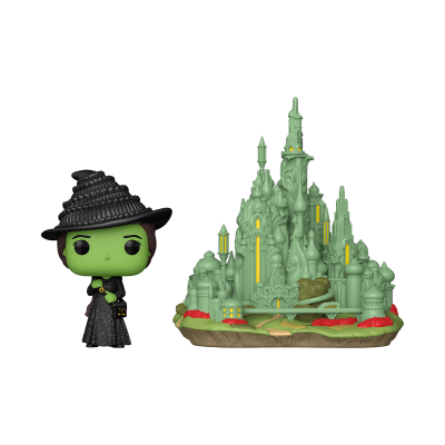 Boneco Funko Pop de bruxa malvada ao lado de castelo verde com detalhes amarelos e vermelho