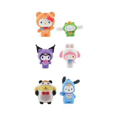 Seis figuras de borracha coloridas com fatos de animais em fundo branco