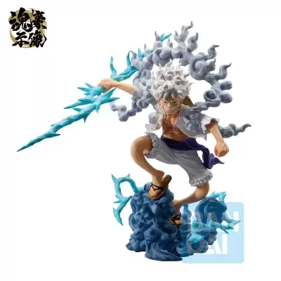 Figura de personagem anime com lança azul em pose dinâmica rodeada de efeitos de nuvens e energia