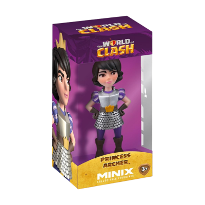 Boneca Princess Archer com roupa prateada e roxa em embalagem roxa e amarela