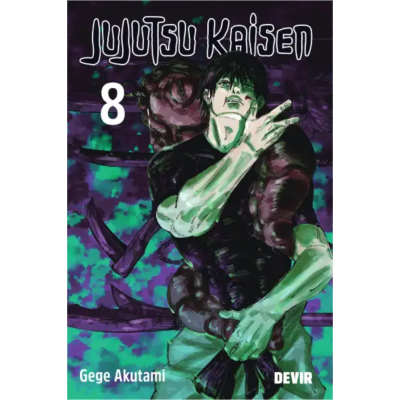 Capa do manga Jujutsu Kaisen volume 8, personagem masculino em tons verdes sobre fundo roxo