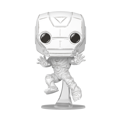 Figura Funko Pop branca e cinzento de robô com olhos pretos e base transparente