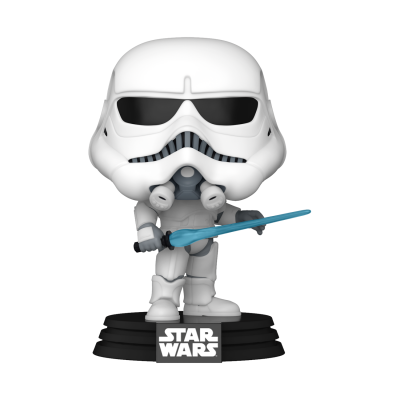 Figura Funko Pop Stormtrooper de Star Wars com arma azul em base preta