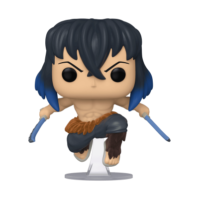 Figura Funko Pop de homem com cabelo preto e azul, calças cinzentas e espadas azuis