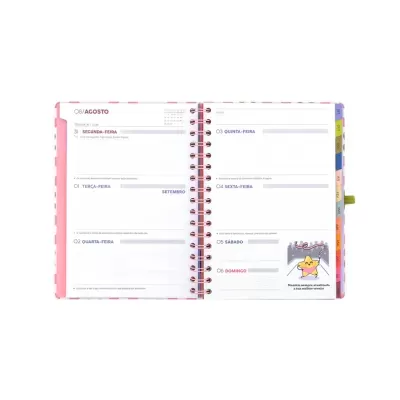 Agenda semanal aberta com texto em português e ilustração de estrela amarela