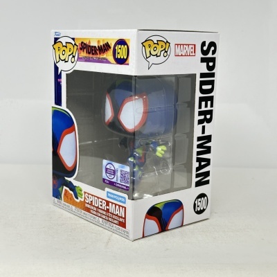 Caixa branca Funko Pop com figura de Spider-Man e etiquetas limited edition