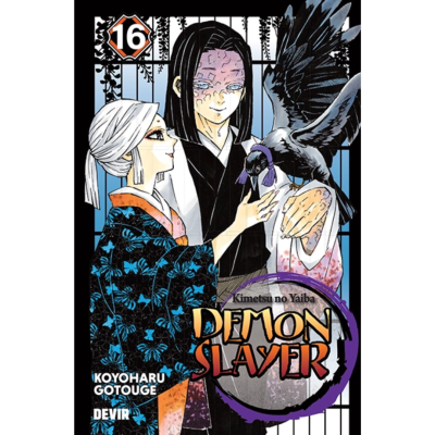 Capa do livro Demon Slayer Volume 16 com personagens em trajes tradicionais e corvos.