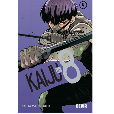 Capa do manga Kaiju Nº 8 volume 4, personagem armado com cabelo roxo e máscara