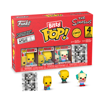 Caixa vermelha de figuras colecionáveis Bitty Pop! dos Simpsons com quatro personagens visíveis e uma figura surpresa.