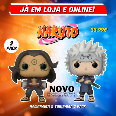 Figuras Funko Pop Naruto Hashirama e Tobirama em fundo colorido