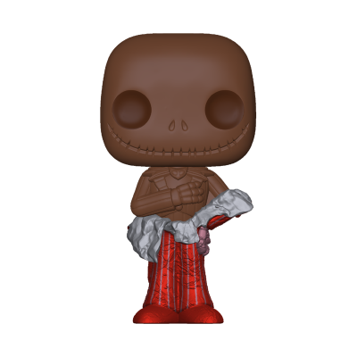 Figura Funko Pop com cabeça castanha e roupa vermelha segurando objeto enrolado