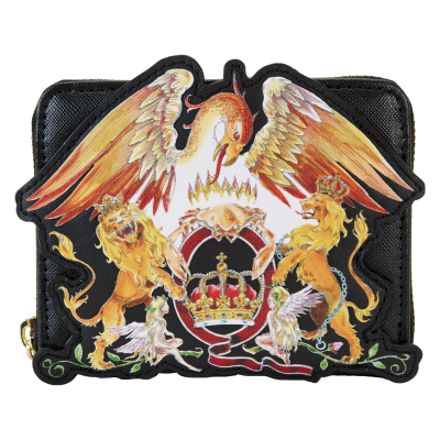 Carteira preta com brasão colorido e detalhes em dourado e vermelho