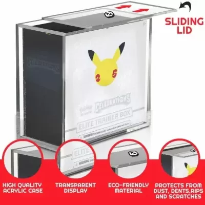 Estojo acrílico transparente para cartas Pokémon com tampa deslizante e imagem de Pikachu