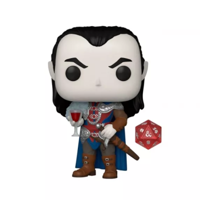 Figura Funko Pop de personagem com espada, copo vermelho e dado 20 faces