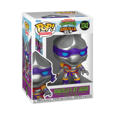 Figura em vinil FUNKO POP! Donatello x Jet Jaguar com máscara roxa e roupa prateada em caixa