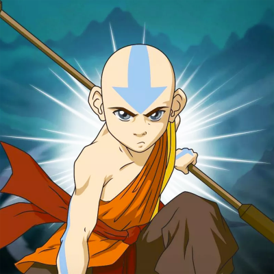 Personagem animado calvo com vestido laranja e bastão em fundo de montanhas